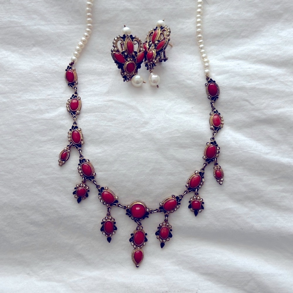Coral necklace and earrings set. Necklace is 17 1/2 inches, earrings are 1in.